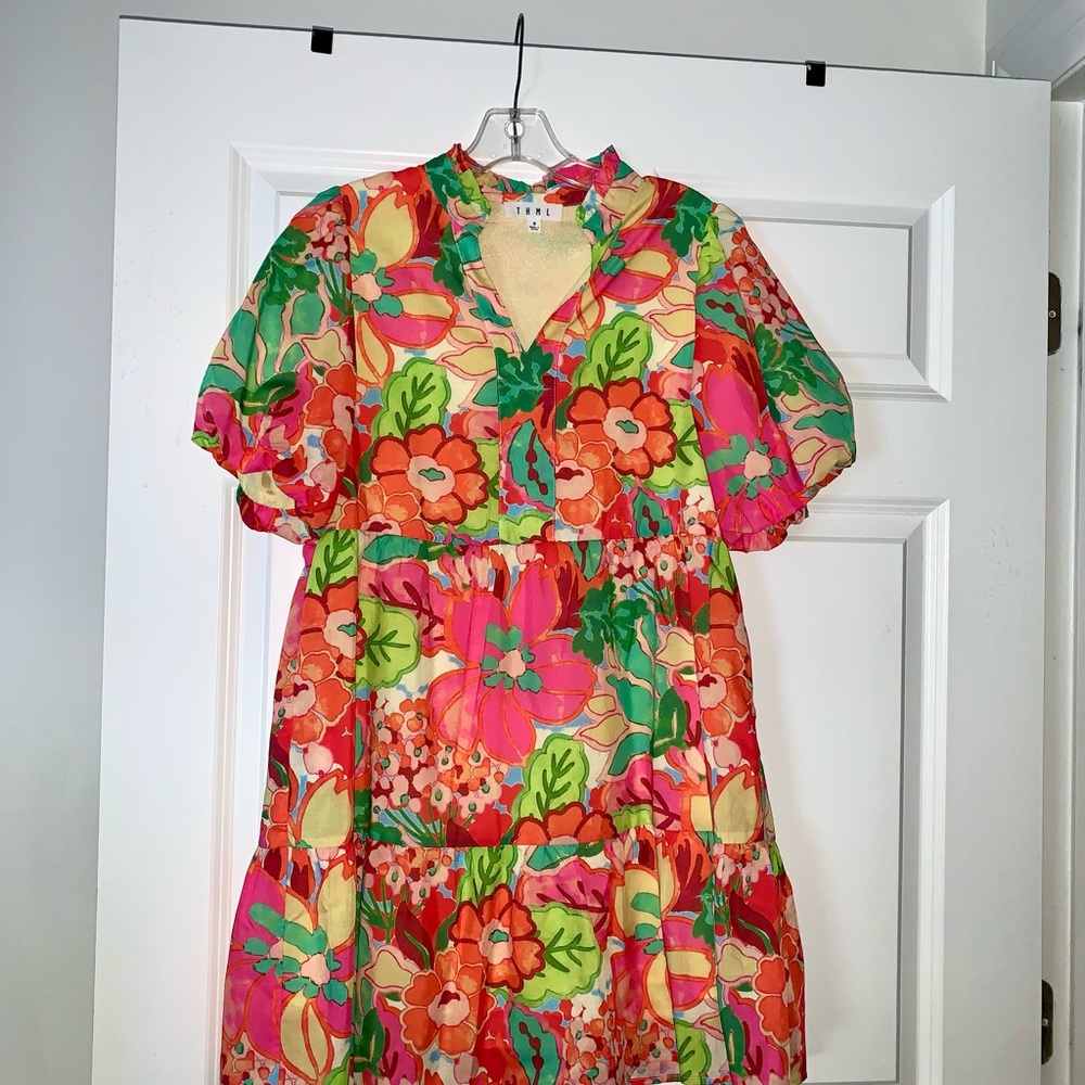 NWOT THML Multicolor Floral Short Puff Sleeve Dress Size Small